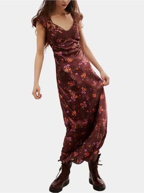 Free People Burgundy Floral Lace-Trim Maxi Dress